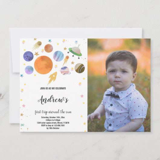 Outer Space Planets Verjaardag Uitnodiging met Fot (Voorkant)