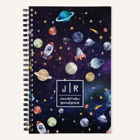 Outer Space Raket Galaxy Planeten Gepersonaliseerd Notitieboek (Voorkant)