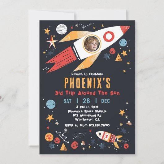 Outer Space Raket Verjaardag Foto uitnodiging (Voorkant)