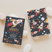 Outer Space Raket Verjaardag Foto uitnodiging