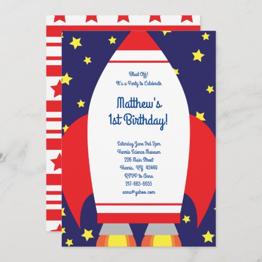 Outer Space Rocket 1e Verjaardag Schattigee Uitnod Kaart (Voorkant / Achterkant)