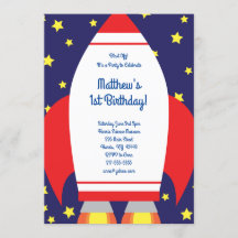 Outer Space Rocket 1e Verjaardag Schattigee Uitnod