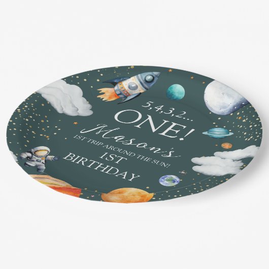 Outer Space Rocket 1st Birthday Papieren Bordje (Gekanteld)