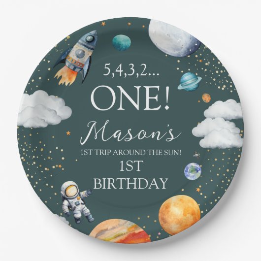 Outer Space Rocket 1st Birthday Papieren Bordje (Voorkant)