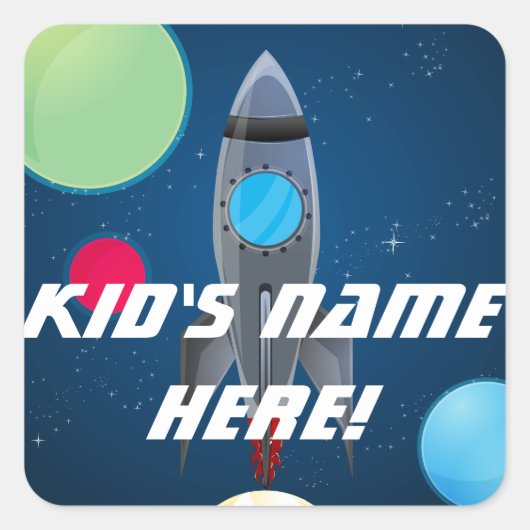 Outer Space Rocket Aangepaste naam School Classroo Vierkante Sticker (Voorkant)