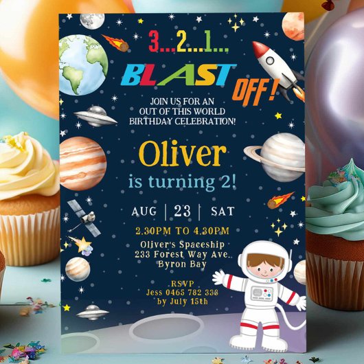 Outer Space Rocket Astronaut Planets Verjaardag Kaart