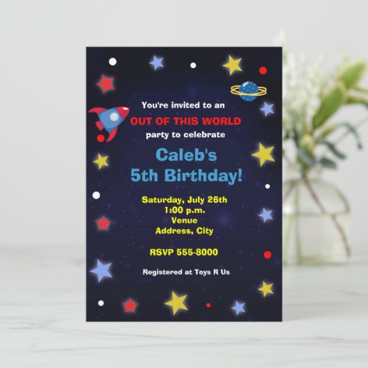 Outer Space Rocket Kids verjaardagsfeestje uitnodi Kaart (Staand voorkant)