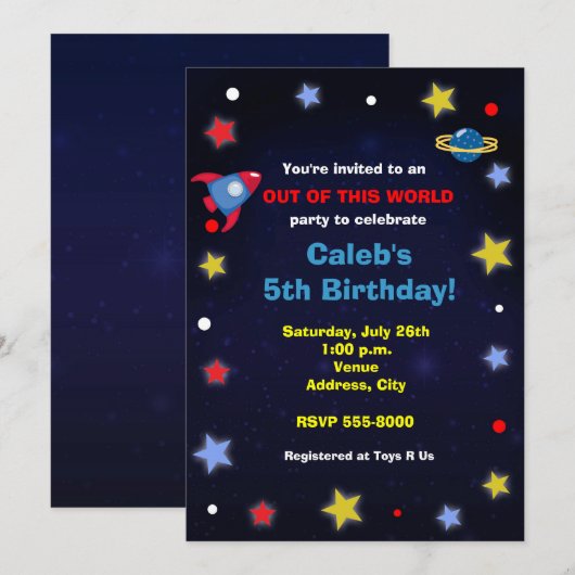 Outer Space Rocket Kids verjaardagsfeestje uitnodi Kaart (Voorkant / Achterkant)