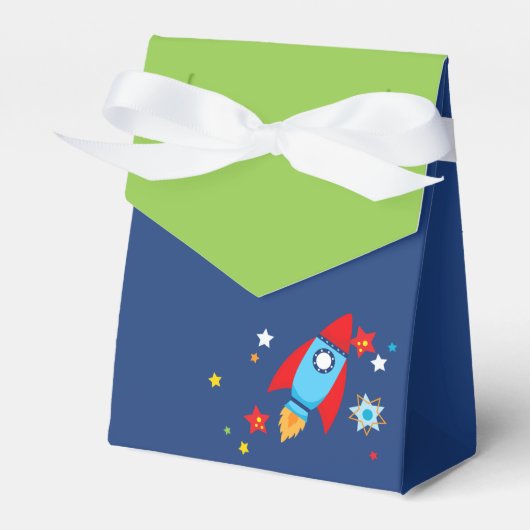 Outer Space Rocket Navy & Green Gift Favoriete Box Bedankdoosjes (Voorkant Zijde)