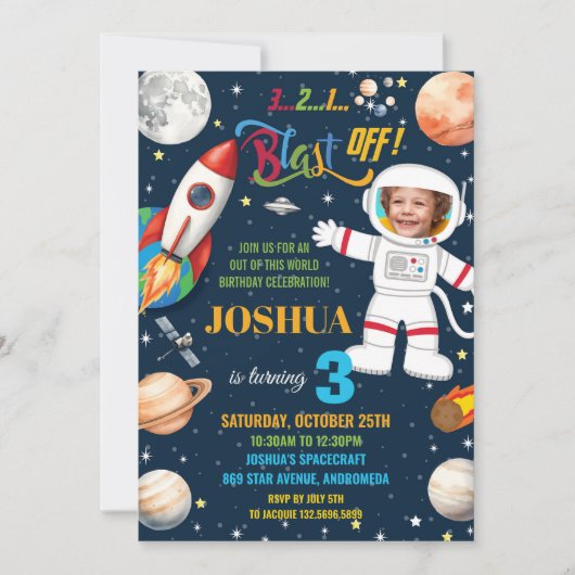 Outer Space Rocket Planet Astronaut Verjaardagsfot Kaart (Voorkant)