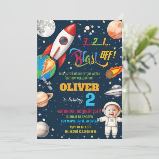 Outer Space Rocket Planet Astronaut Verjaardagsfot Kaart (Staand voorkant)