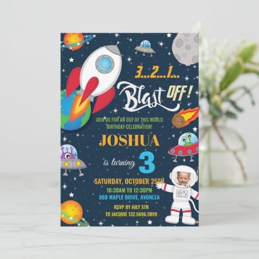 Outer Space Rocket Planet Astronaut Verjaardagsfot Kaart (Staand voorkant)