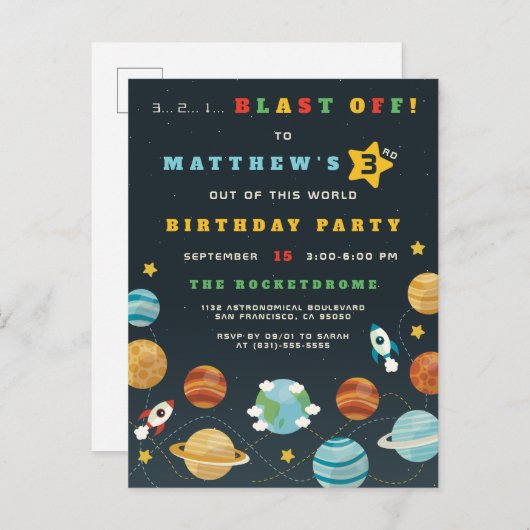 Outer Space Rocket & Planets Jongens Verjaardagsfe Uitnodiging Briefkaart (Voorkant / Achterkant)