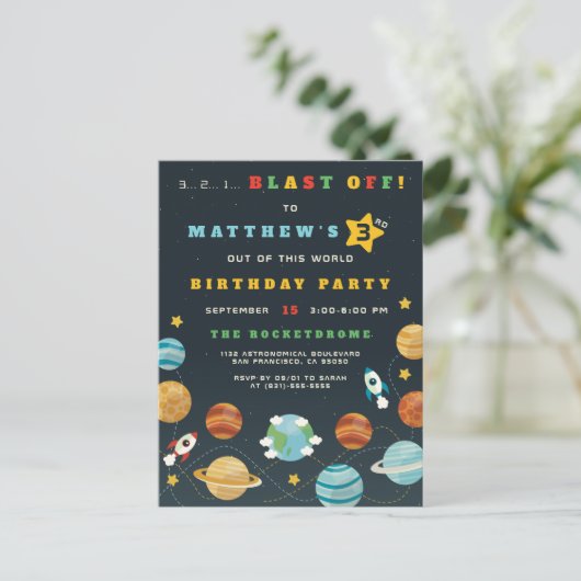 Outer Space Rocket & Planets Jongens Verjaardagsfe Uitnodiging Briefkaart (Staand voorkant)