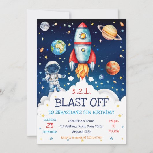 Outer Space Rocket Ship Astronaut Galaxy Birthday  Kaart (Voorkant)
