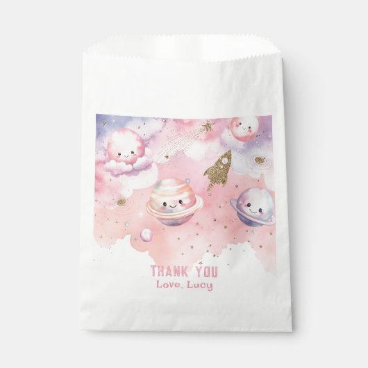 Outer Space roze golf planeten en sterren Dank u Bedankzakje (Voorkant)