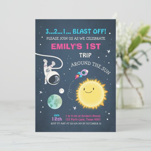 Outer Space Roze Meisje 1e verjaardag Uitnodiging (Staand voorkant)