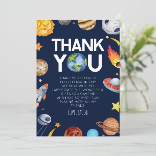 Outer Space Spaceship Planets Verjaardagsfeest Bedankkaart (Staand voorkant)