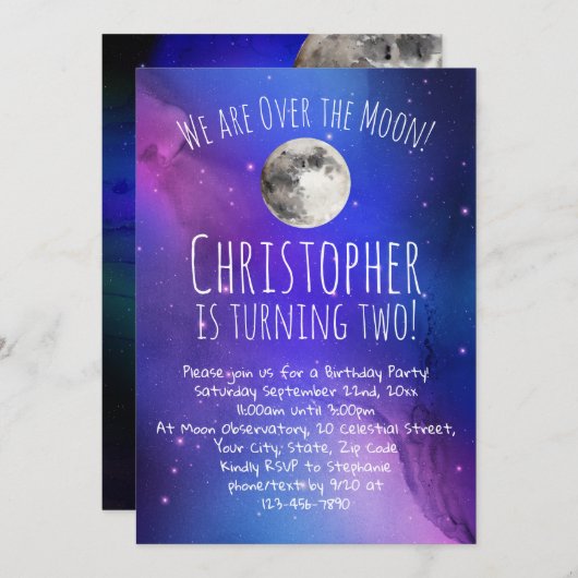 Outer Space Stars Over de Maan Verjaardagsfeest Kaart (Voorkant / Achterkant)