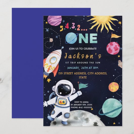Outer Space-thema 1e verjaardagsfeest Kaart (Voorkant / Achterkant)