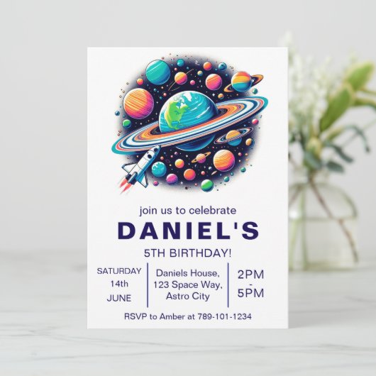 Outer Space-thema Custom Birthday Party Kaart (Staand voorkant)