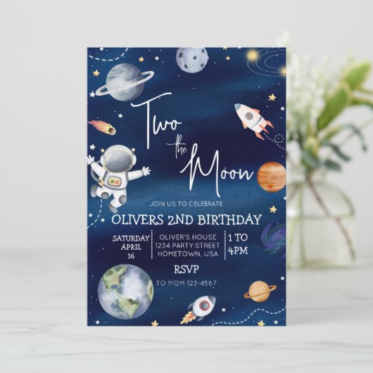 Outer Space tweede verjaardag uitnodiging de twee (Staand voorkant)
