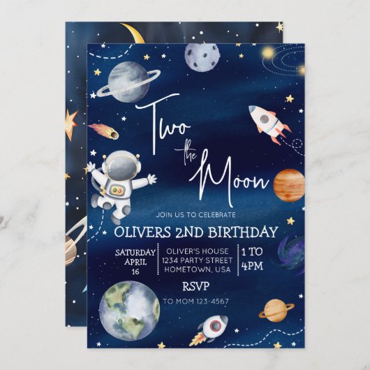Outer Space tweede verjaardag uitnodiging de twee (Voorkant / Achterkant)