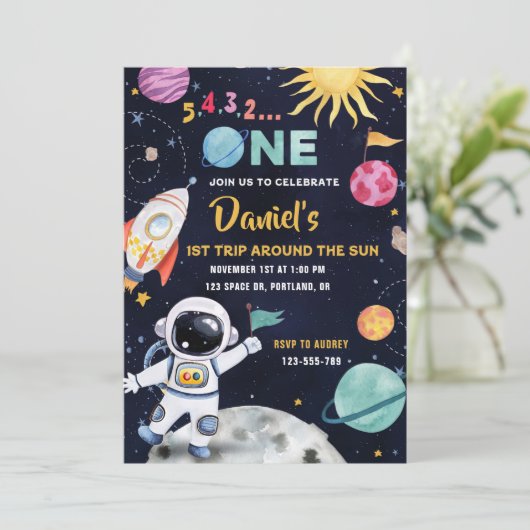 Outer Space Verjaardag Astronaut 1e verjaardag Kaart (Staand voorkant)