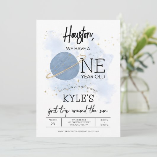 Outer Space Verjaardag Uitnodigen Sjabloon, 1e Ver Kaart (Staand voorkant)