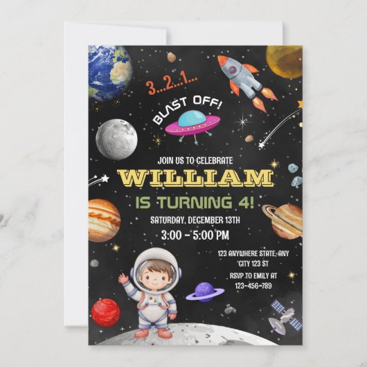 Outer Space Verjaardag Uitnodiging Astronaut Verja (Voorkant)