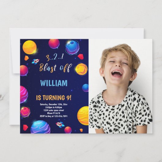 Outer Space Verjaardag Uitnodiging met Foto (Voorkant)