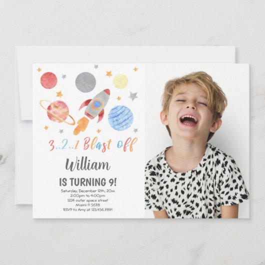 Outer Space Verjaardag Uitnodiging met Foto (Voorkant)