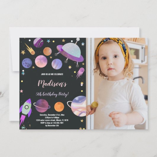 Outer Space Verjaardag Uitnodiging met Foto (Voorkant)