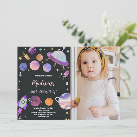 Outer Space Verjaardag Uitnodiging met Foto (Staand voorkant)