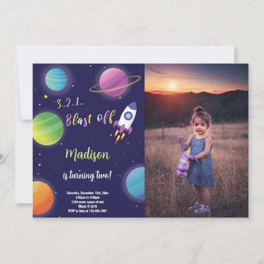 Outer Space Verjaardag Uitnodiging met Foto (Voorkant)