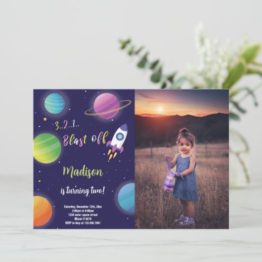 Outer Space Verjaardag Uitnodiging met Foto (Staand voorkant)