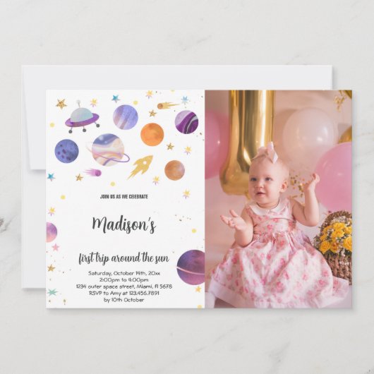 Outer Space Verjaardag Uitnodiging met Foto (Voorkant)