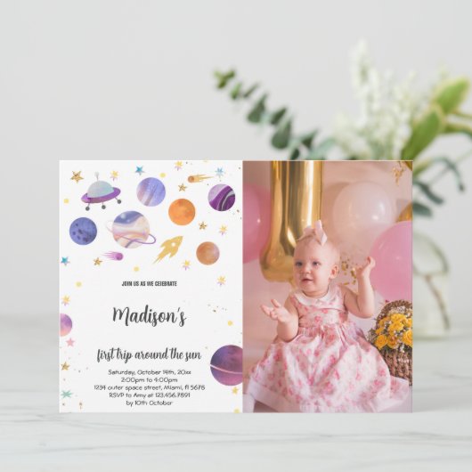 Outer Space Verjaardag Uitnodiging met Foto (Staand voorkant)