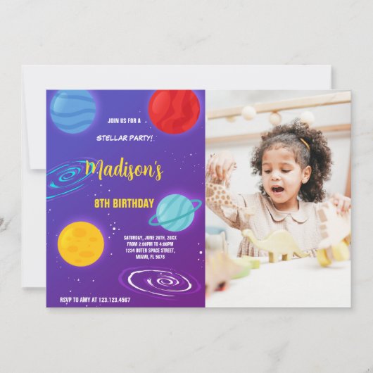 Outer Space Verjaardag Uitnodiging met Foto (Voorkant)