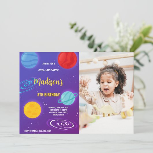 Outer Space Verjaardag Uitnodiging met Foto (Staand voorkant)