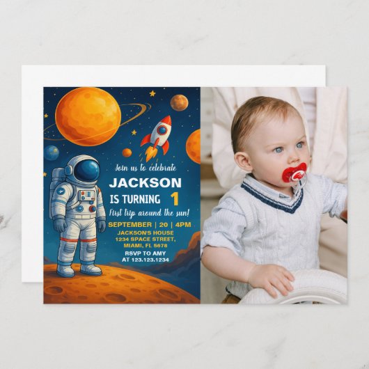 Outer Space Verjaardag Uitnodiging met foto (Voorkant / Achterkant)