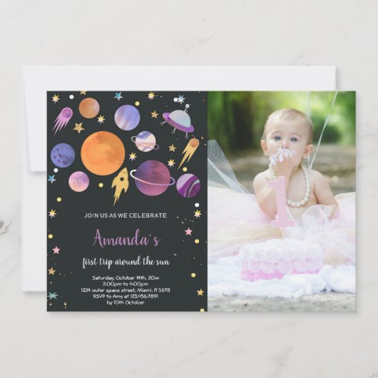 Outer Space Verjaardag Uitnodiging met Foto (Voorkant)