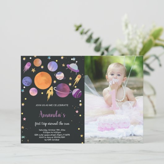 Outer Space Verjaardag Uitnodiging met Foto (Staand voorkant)