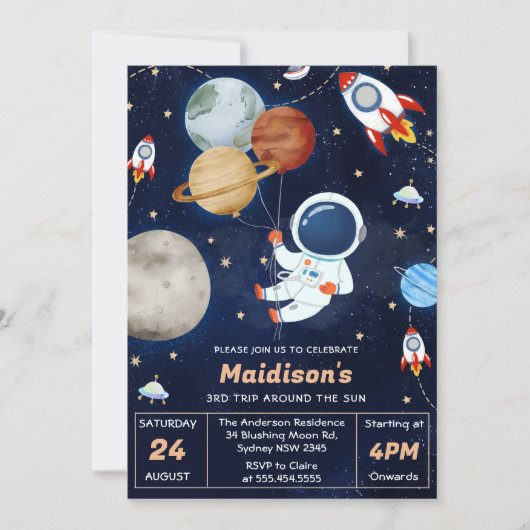 Outer Space Verjaardagsfeest 3e reis rond de zon Kaart (Voorkant)