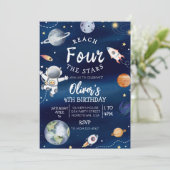Outer Space Vierde Verjaardagsuitnodiging Bereik V Kaart (Staand voorkant)