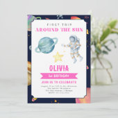 Outer Space Waterverf 1e Verjaardag Meisjes Kaart (Staand voorkant)