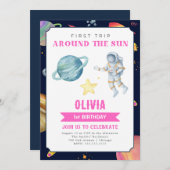 Outer Space Waterverf 1e Verjaardag Meisjes Kaart (Voorkant / Achterkant)