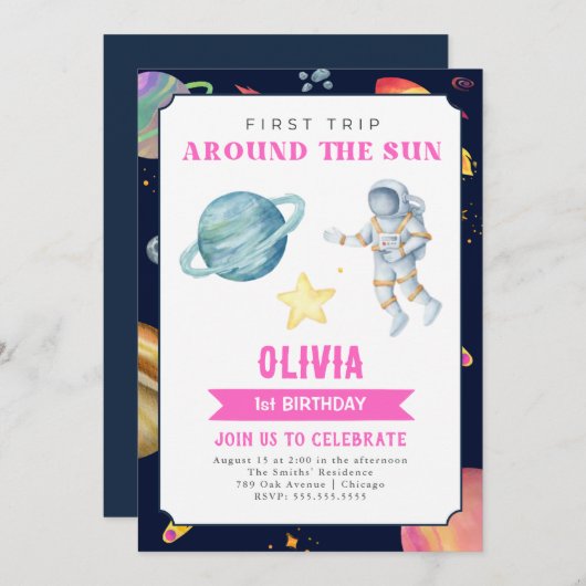 Outer Space Waterverf 1e Verjaardag Meisjes Kaart (Voorkant / Achterkant)