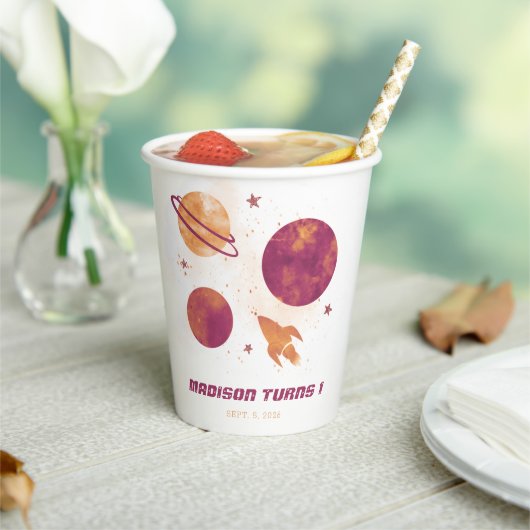 Outer Space Waterverf Planet Girl 1ste verjaardag Papieren Bekers (Insitu)