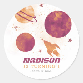 Outer Space Waterverf Planet Girl 1ste verjaardag Ronde Sticker